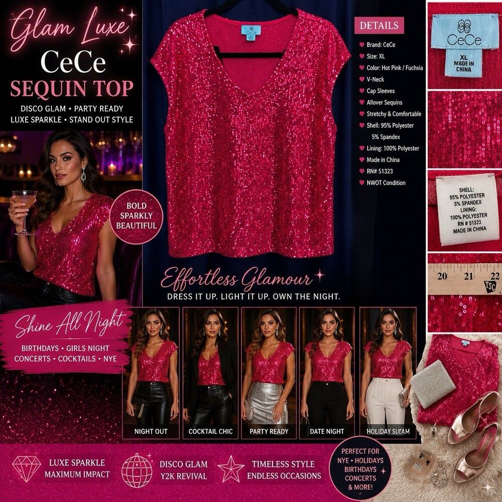 NWOT CeCe Pink Sequin Glam Luxe Disco Party Top XL Barbiecore Sparkle
